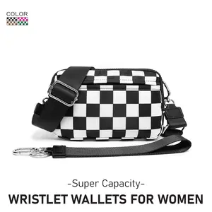 Iris PLUS Checkered Phone Wallet 2025 - 2-in-1 Convertible Crossbody & Wristlet Strap, RFID Blocking, Durable Nylon, Casual Flap Pocket