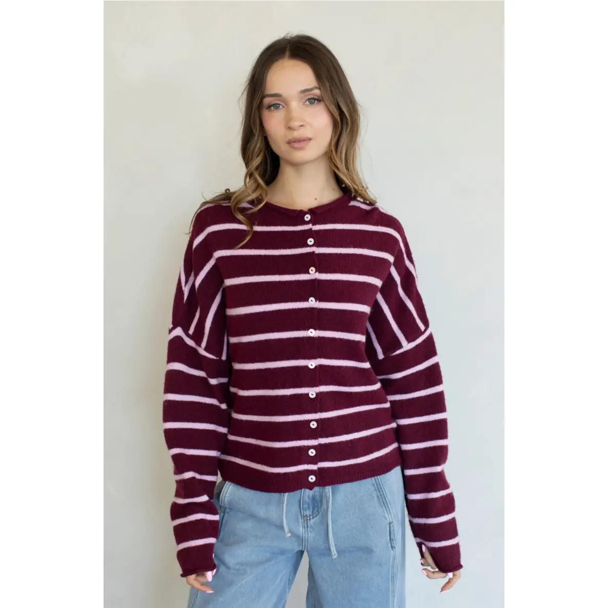The Honey Knit Striped Cardigan - MAROON/PINK PREORDER 1 WEEK