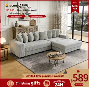 Niccae 111-inch Modern L-Shaped Sofa with Recliner Extra-Wide Lounge Corduroy Loveseat 8 Free Pillows for Home Living Room or Apartment