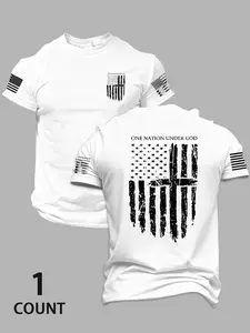 Men's Cross Flag Print T-Shirt, Patriotic Round Neck Casual Short Sleeve, Perfect Gift for Boyfriend or Husband, Summer Comfort Outdoor Wear, Menswear