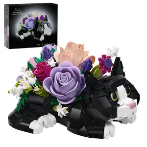 Creative Cat Flower Bouquet Building Set, Adorable Floral Block Kit for Cat Lovers, Unique DIY Home Décor & Gift Idea for Pet Owners and Creative Adults