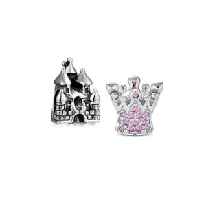 Set of 2 Fairytale Castle & Princess Queen Crown Pink Fuchsia Crystal Bead Charm