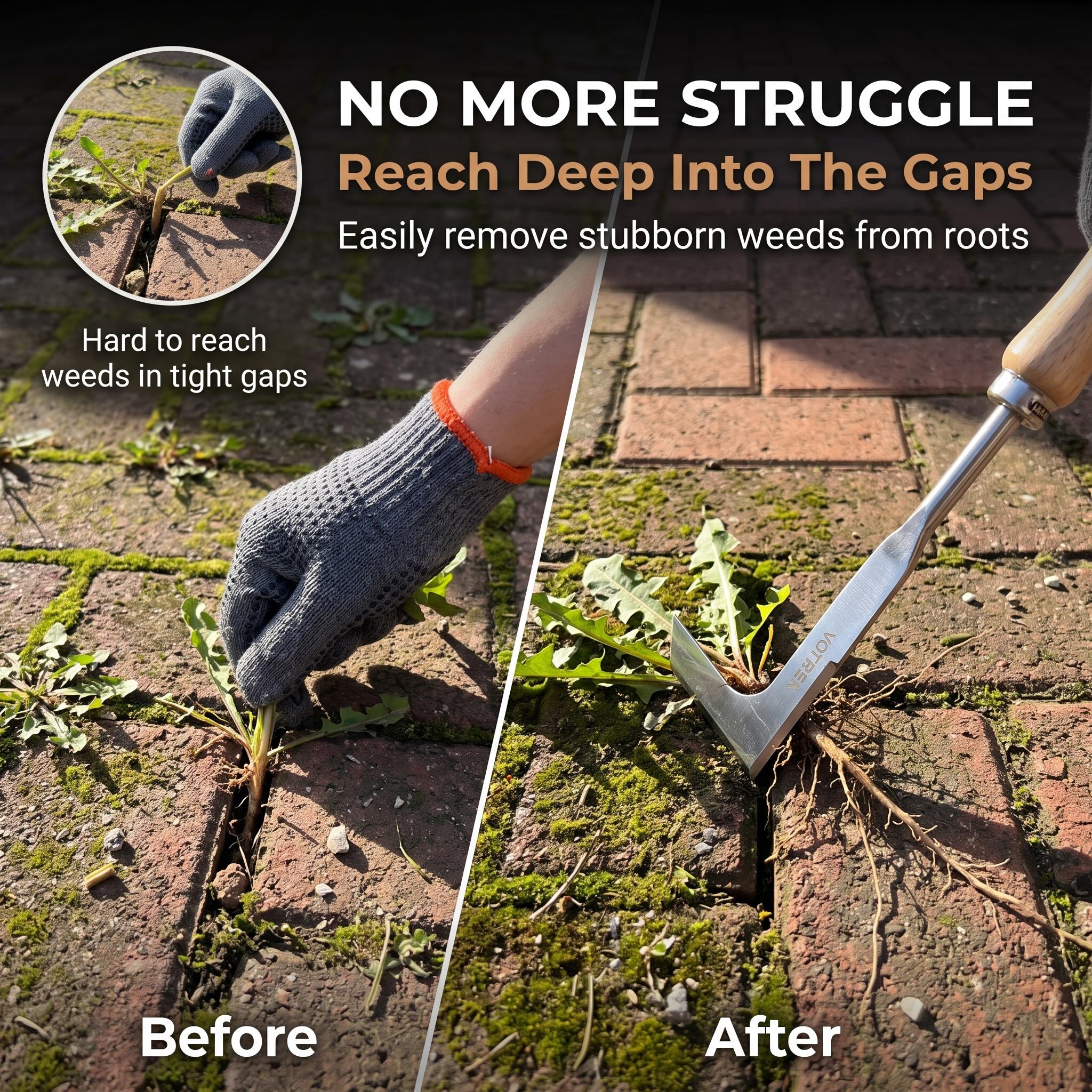 VOTREK 3-Edge Crack Weeder, Stainless Steel Manual Weed Removal Tool Hoes & Rakes, Reinforced Steel Collar Wood Handle, L-Shaped Crevice Grass Cutter Hoes & Rakes for Driveways, Garden Borders, Tight Gaps, L-Shaped Blade, Steel & Wood