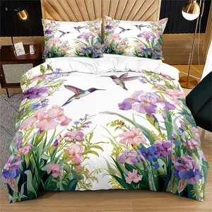2/3 pcs Flower-and-Bird Theme Quilt Cover Set, Breathable Duvet Set, Skin-Friendly, Breathable Bedding Set (1* quilt cover +1/2* pillowcase, no filling), All Year Round, Machine-washable, for family, friends, Valentine's Day gift