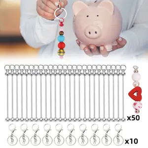 50Pcs Blank Beadable Keychain Bars, Metal DIY Bead Keychain Bar Charms Eady Detachable Key Chain Making Accessories for Craft Project Pendant