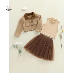 3Pcs Girls Fall Skirt Outfit Lapel Button Coat Ribbed Tank Soft Tulle Skirt Kids