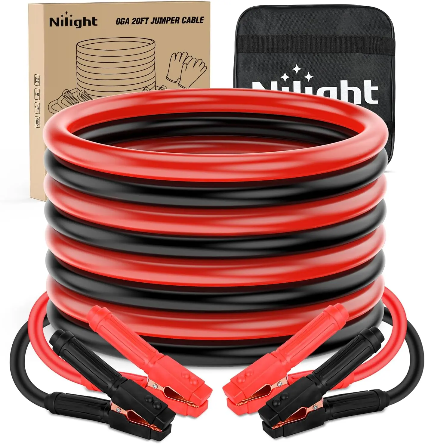 Nilight Tangle-Free 0-Gauge 20 FT Heavy-Duty Jumper Cables, 1000A Peak High-Power Emergency Car Battery Start Kit with Carrying Bag for Pickup Trucks, SUVs