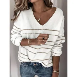 Striped Pattern V-Neck Pullover Sweater — Casual Long-Sleeve Sweater for Autumn and Winter — Women’s Clothing — Soft and Cozy Fabric — Perfect Gift for Women — Knitwear/Womenswear Tops — V-Neck — White