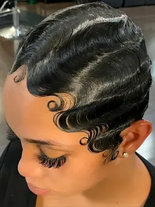 Finger Wave Human Hair Wig Pixie Cut Wig for Women Full Machine Made Wig 150% Density 6 Inch Hair Replacement Wigs