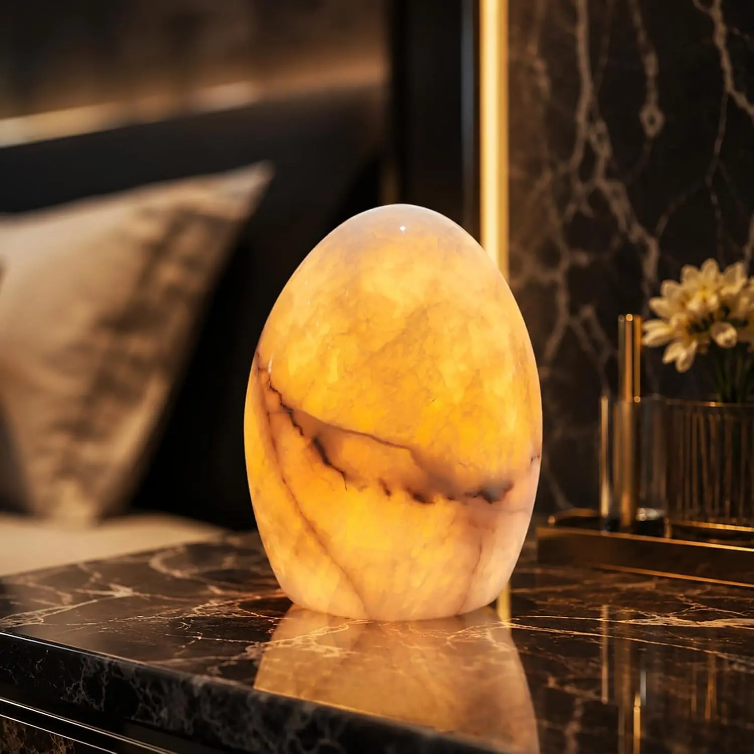 Marmor Peach Jade Marble Table Lamp, Natural Stone Touch Lamp, Rechargeable Cordless LED Bedside Lamp, 3-Level Dimming, USB-C Portable Night Light, Warm Ambient Lighting, Modern Home Decor