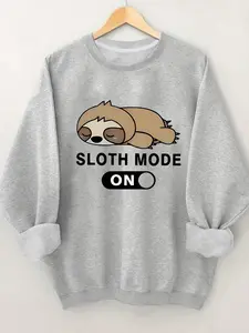 Women's Casual Cartoon Sloth Print Round Neck Sweatshirt, Fall & Winter Wear, Loose-Fitting Letter Pattern, O-Type Style