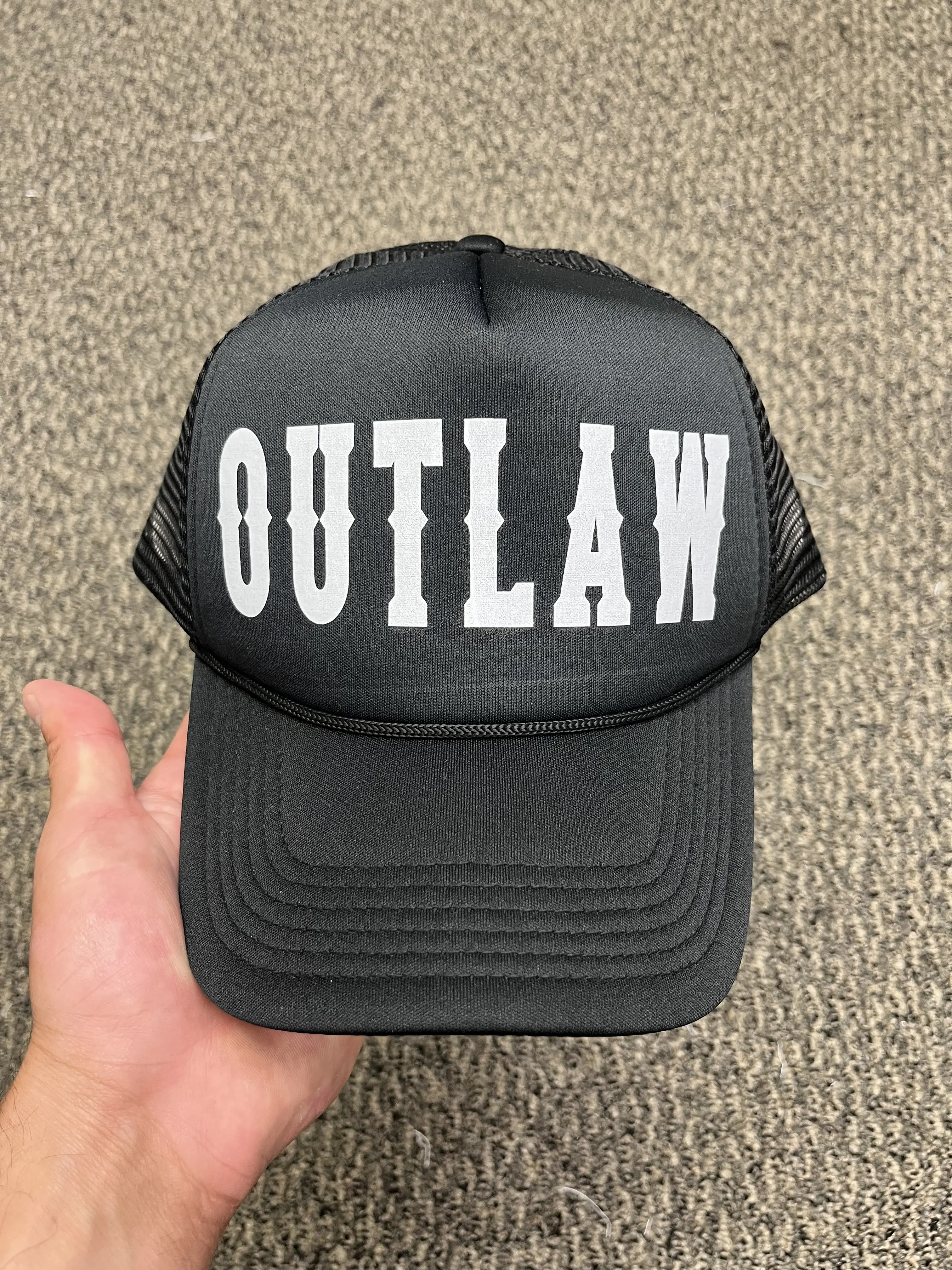 OUTLAW Trucker Hat – Black Snapback Cap for Country, Biker, or Western Style