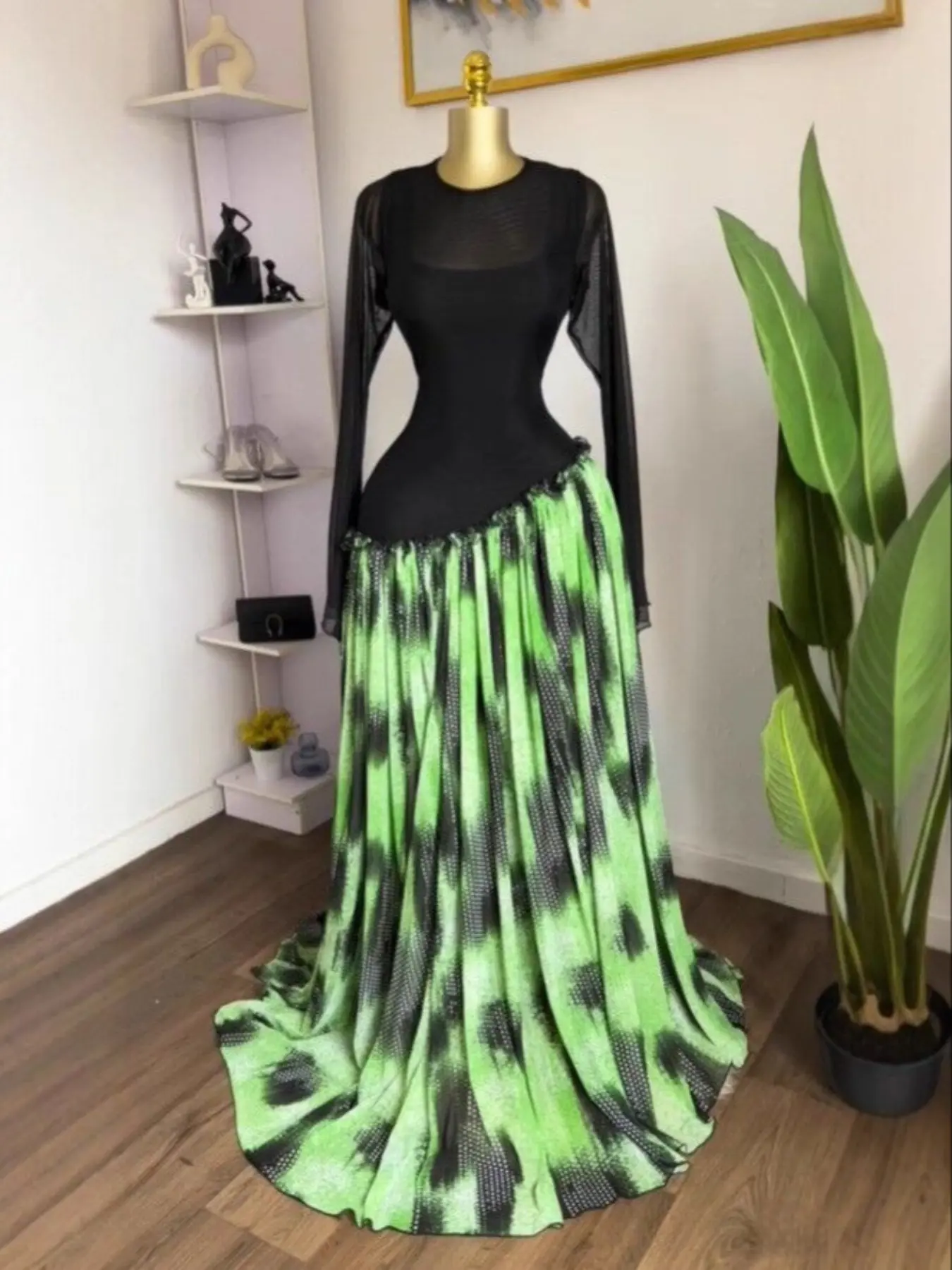 PULKRITU Women's Long Sleeve O-Neck Fabric Dress, Fitted, Elegant, Party Gown for Autumn & Winter, Evening Wear, Formal Wear, Bohemian Formal Dress, Tie Dye Printed Patchwork Maxi A-Line Dresses, Ladies Dressy Skew Waist Streetwear Dress