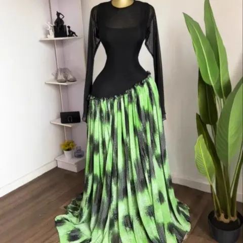 PULKRITU Women's Long Sleeve O-Neck Fabric Dress, Fitted, Elegant, Party Gown for Autumn & Winter, Evening Wear, Formal Wear, Bohemian Formal Dress, Tie Dye Printed Patchwork Maxi A-Line Dresses, Ladies Dressy Skew Waist Streetwear Dress