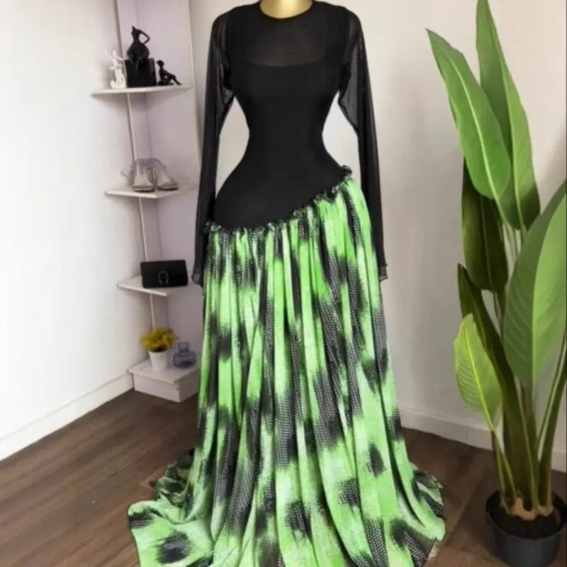 PULKRITU Women's Long Sleeve O-Neck Fabric Dress, Fitted, Elegant, Party Gown for Autumn & Winter, Evening Wear, Formal Wear, Bohemian Formal Dress, Tie Dye Printed Patchwork Maxi A-Line Dresses, Ladies Dressy Skew Waist Streetwear Dress