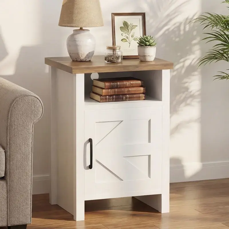 Furmax Farmhouse Nightstand, Modern Bedside Table with Barn Door and Shelf, Rustic End Table Side Table for Bedroom, Living Room(1, White)