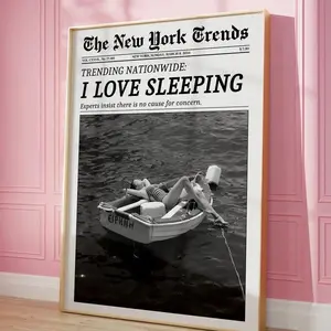 Trendy Newspaper Print, New York Times Wall Art, I Love Sleeping, Retro Magazine Poster, Girly Girl Dorm Room Decor Artistic Gift Ornaments