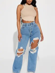 Drive You Crazy Ripped Non Stretch Straight Leg Jeans - Medium Wash