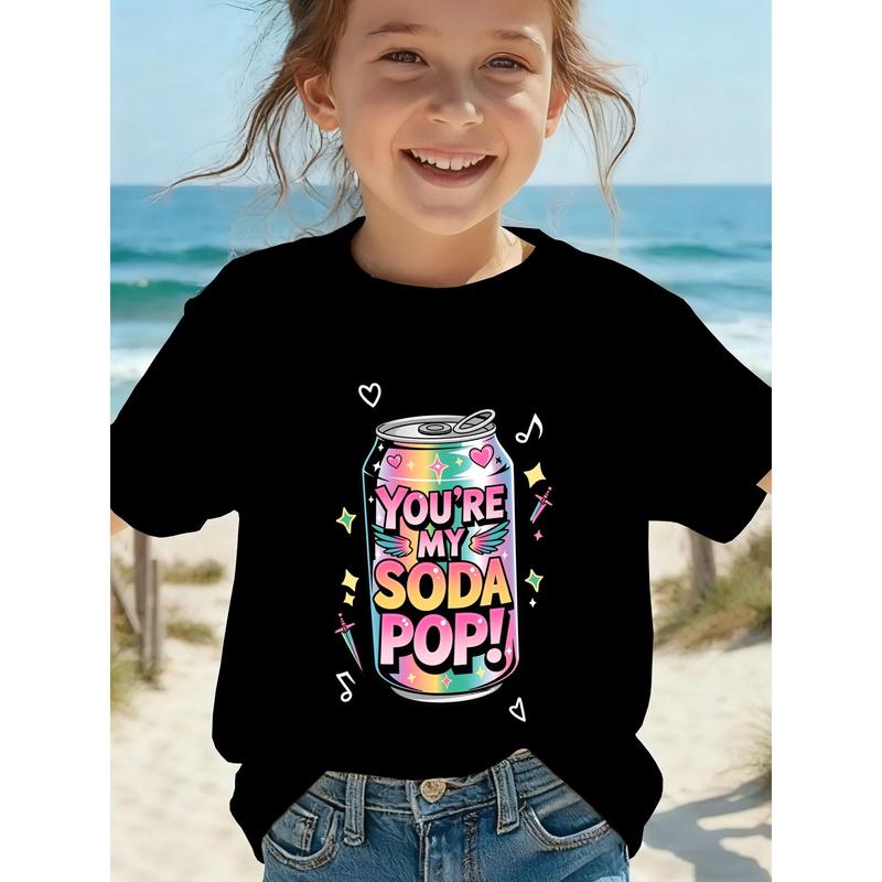 Girls' "YOU RE MY SODA POP" K-pop T-Shirt - Cute Soda Can Top with Round Neck, Short Sleeve Spring Summer Casual Wear Suitable for K-pop Fans & Everyday Outfits