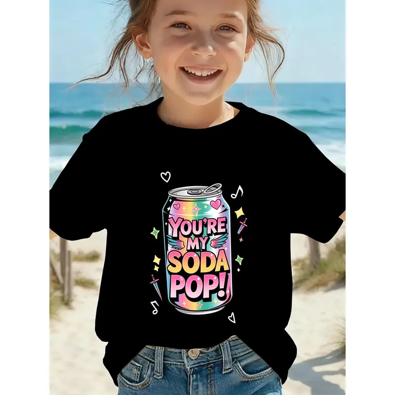 Girls' "YOU RE MY SODA POP" K-pop T-Shirt - Cute Soda Can Top with Round Neck, Short Sleeve Spring Summer Casual Wear Suitable for K-pop Fans & Everyday Outfits