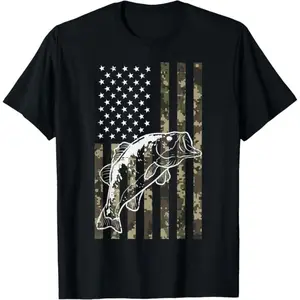 Premium Cotton Patriotic Bass Fishing Camo American Flag TShirt for Men and Women