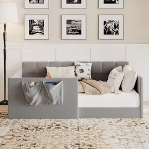 [Bellemave]Twin/Full Size Daybed Velvet Upholstered Sofa Bed with High Side Panels and Side Entrance, Space-Saving Guest Bed with Storage Pockets