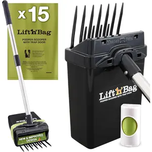 Pet Brands Lift N’ Bag 2.0 Dog Pooper Scooper with Bag Attachment & 27" Pole for Small to Large Dogs, New & Improved Design, 15 Refill Bags, Heavy Duty Dog Poop Scooper for Yard, One-Hand Use