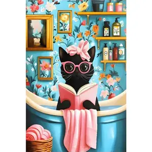 1PCS Cute Black Cat Reading Book in Bathtub Diamond Painting Kit for Adults Kids DIY Rhinestone Embroide Embroidery Kit
