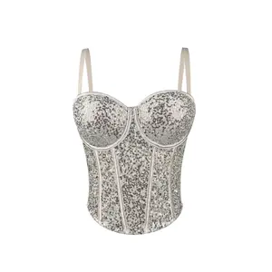 Tank Tops Bra Blusas Short Handmade Sequins High Quality Mesh Yarn Fishbone Summer Spring Corset Woman Vest Sexy Clothes Clothing Sling Wedding Party Blind Date Stage Party Shaper Ladies Crop Shirt Tube Tops