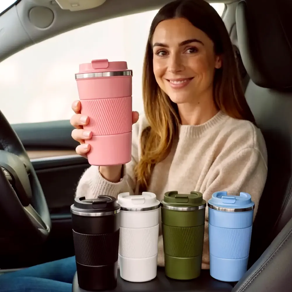 Leakproof Stainless Steel Tumbler, Double-Wall Insulated Travel Mug with Silicone Sleeve, Premium Coffee Cup for Office, Car and Daily Commute