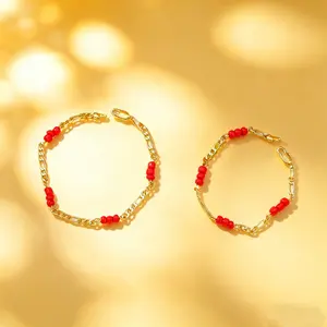 Exquisite 14k Gold Plated Wine Red Beaded Bracelet, Women's Lucky Fashion Gold Jewelry, Sports Wristband for Christmas Gifting