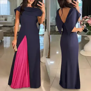 ChicMe Women's Colorblock Off the Shoulder Maxi Dress with Shawl Design Elegant Backless Detail Bodycon Pleated Party Dress