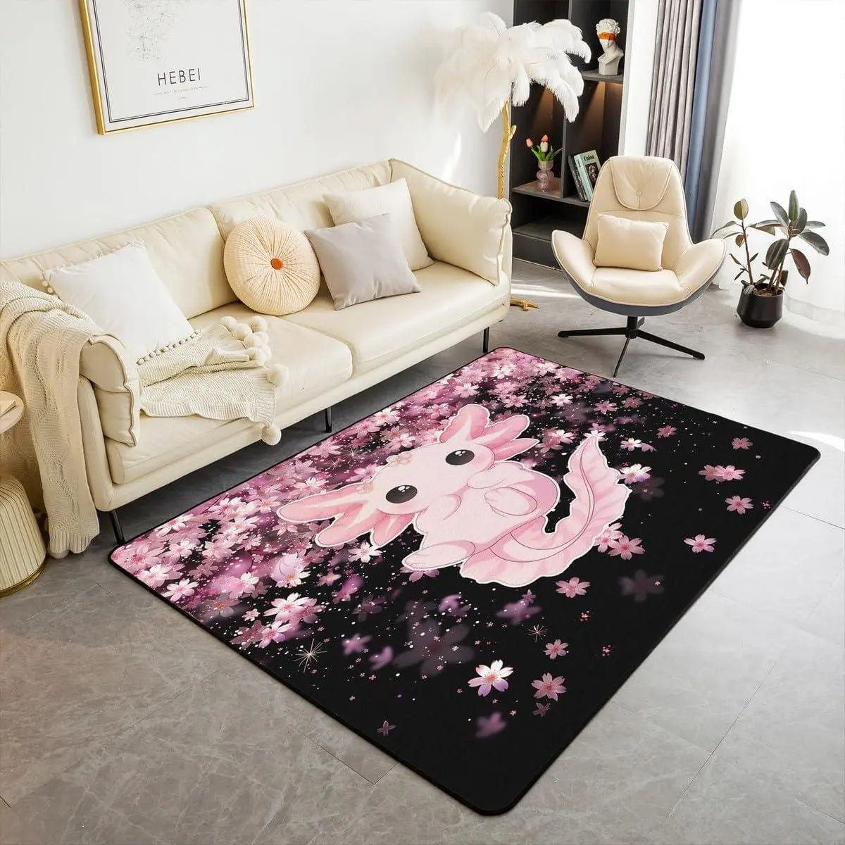 Cute Axolotl Area Rug Cartoon Salamander Living Room Rugs Cherry Blossoms Decorative Carpet Kawaii Ocean Sealife Indoor Floor Mat Pink Black Accent Rug