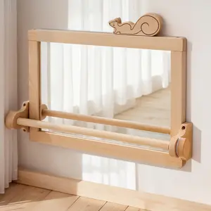 Multifunctional Squirrel Wall Mirror with Wooden Frame and Towel Bar, Cute and Practical Design for Home Decor, Versatile 2-in-1 Usage