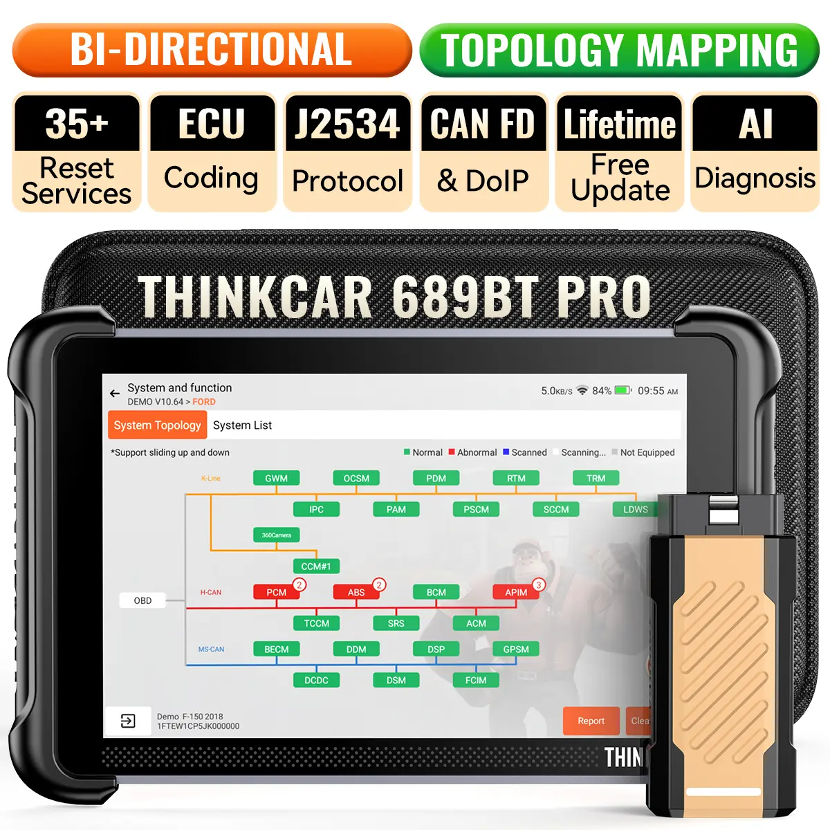 THINKCAR 689BT PRO OBD2 Scanner with Topology Map, Full System Automotive Diagnostic Tool | Original Equipment Manufacturer Scanner, J2534 Pass-Through, Over 3000 Active Tests, ECU Coding, Over 40 Services, CANFD/DOIP, Lifetime Free Updates.