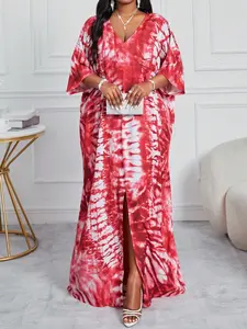 Fashion Womenswear Tie-Dye Plus Size Open Front Long Dress, V-Neck Batwing Sleeve Split Front, Loose Flowy Bohemian Aesthetic Style, Summer Party & Daily Wear