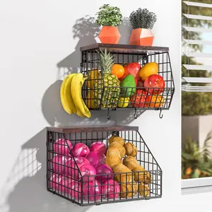 2 Pack Fruit Storage Basket, Stackable Wall Mounted Wire Baskets with Wooden Tabletop, Hanging Kitchen Basket, Wall Basket, Potato and Onion Storage for Kitchen, countertop organizer for snack, fruit, vegetable,