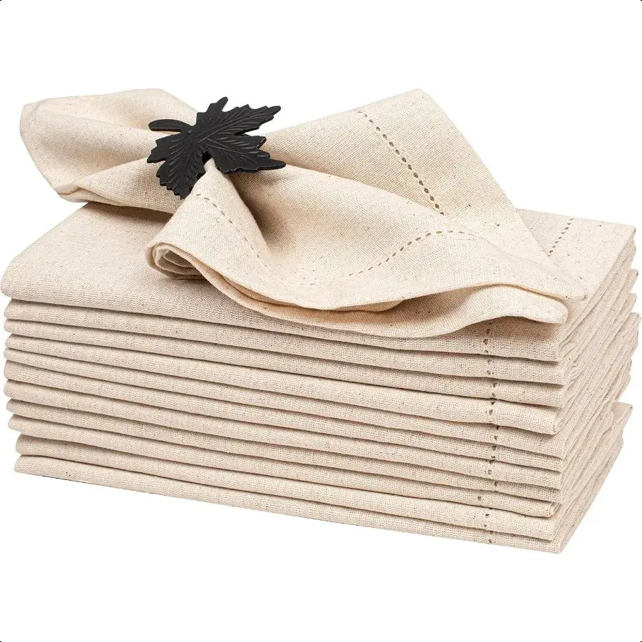 Lightnpro Flax Linen Napkins Set of 12 – Hemstitched, Washable & Reusable Natural Linen Dinner Cloth Napkins for Dining