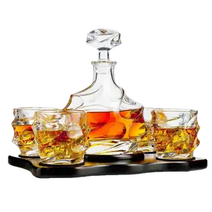 The Wine Savant Wine and Whiskey Mountain Decanter with 4 Glasses and Wood Tray 750 ML