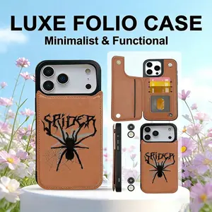 Fashion Black Spider Pattern PU Leather Wallet phone case with dual magnetic card slots for credit cards, bank cards and cash, built-in foldable kickstand. Compatible with iPhone 17 pro max, 17E, 17 Air, 16, 15 Pro Max, 14 Pro, 13, 12 Pro Max Plus Series
