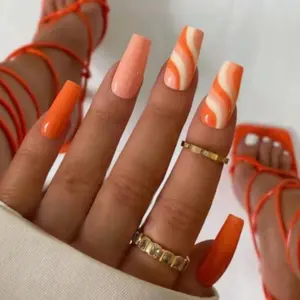 A17 Orange Swirl Summer Press-On Nails Fresh Cute Spring Long Lasting Durable Nails Vibrant