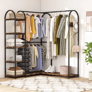 LITTLE TREE L-Shaped Garment Rack with Shelves, Heavy Duty Corner Clothes Rack with Coat Hooks, Anti-toppling Device, Cloth Hanger Standing Clothing Racks for Hanging Clothes