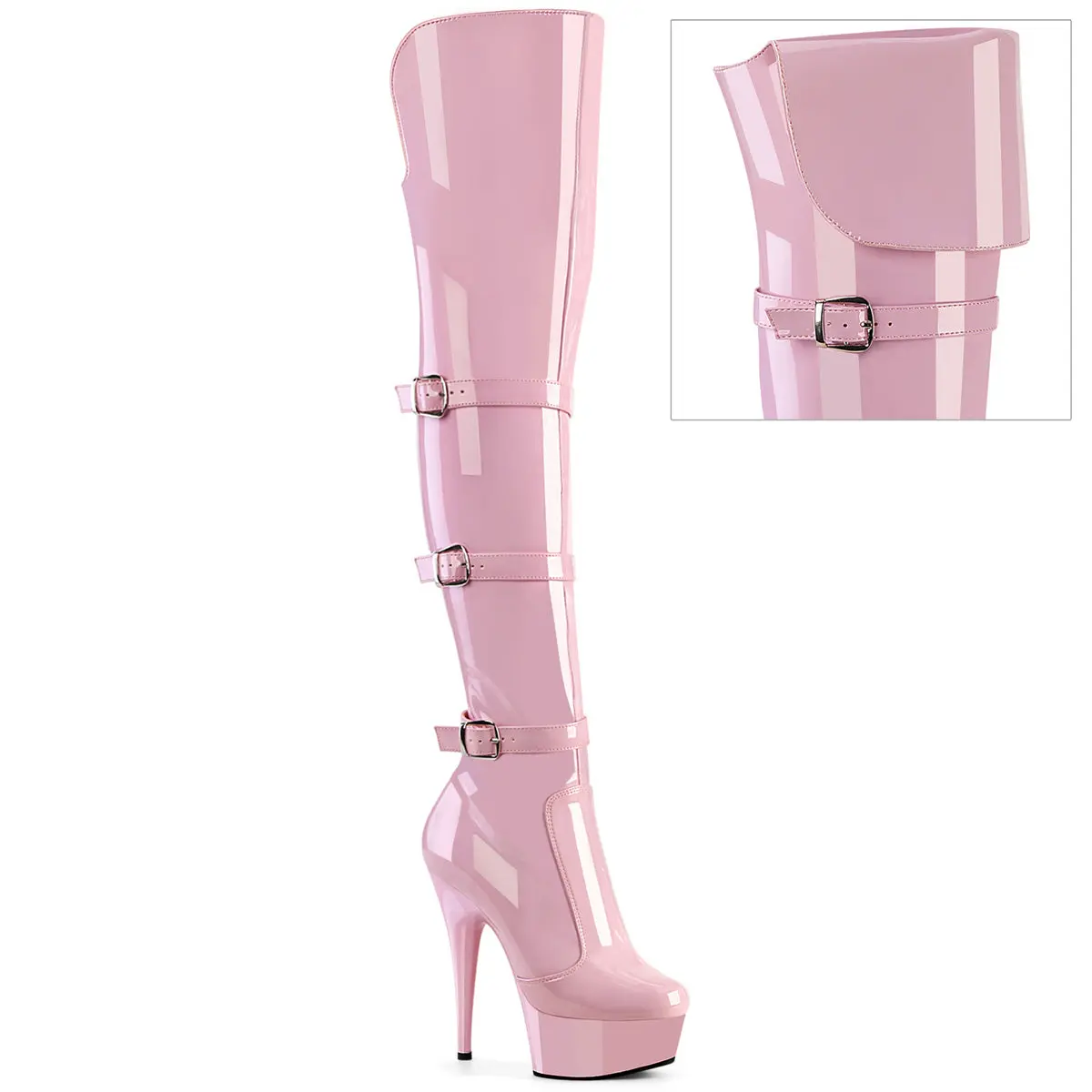 Women's 6-in High Heel Over-the-Knee Stretch Patent Boot - Baby Pink, Triple Buckle Straps, Side Zip, Synthetic, Party, Stage, Alt Outfits, All Seasons, No Excess Bulk, Footwear Boot