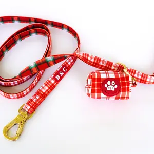 B&C Holiday Plaid Reversible Leash + Waste Bag Dispenser For Dogs