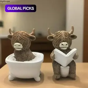 Highland Cow Reading Book Statue – Farmhouse Bathroom Decor, Resin Home & Office Ornament, Detailed Cow Sculpture, Gift-Ready, No Electricity Needed