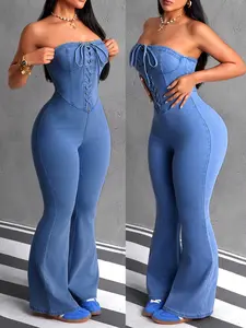 High Waist Denim Bell Bottom Fitted Jumpsuit, Bustier Design, Belted Waist, Perfect for Casual Wear, Casual Style Jumpsuit, Stylish and Comfortable, Womenswear