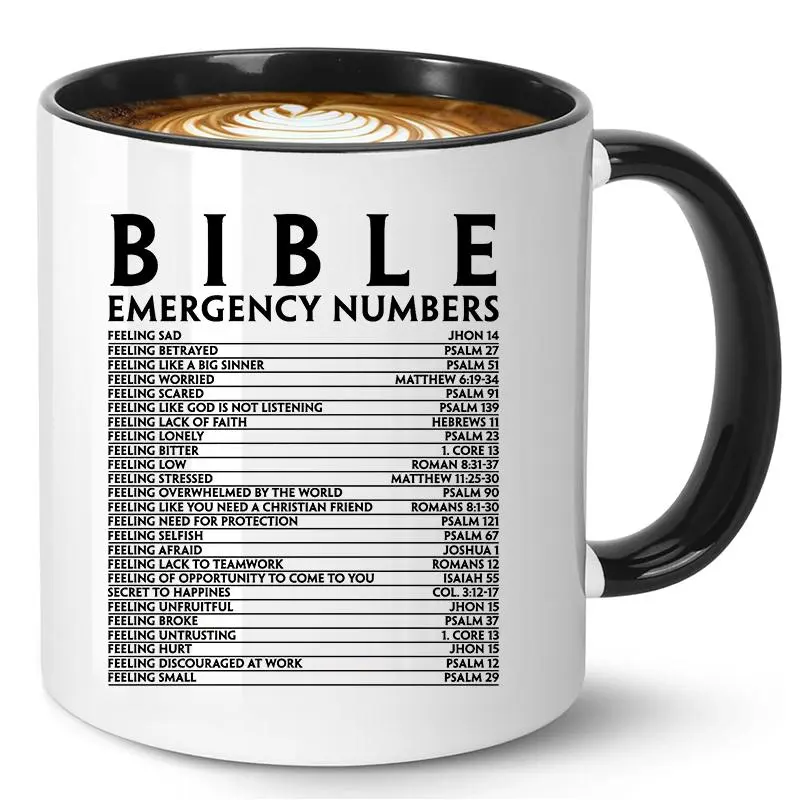 Bible Emergency Numbers Mug, 11oz Funny Coffee Cup, Perfect Thoughtful Gift for Pastors, Vicars, Priests, Christian, Catholic Humour, Religious Humor Coffee Mug, Ceramic Mug, Funny Beverage Mug, Drinkware, Reusable, Washable