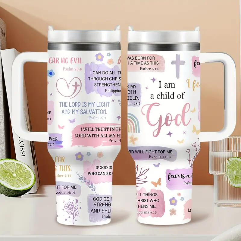 Traveler Tumbler 40 Oz BPA Free With Handle & Straw Inspirational Bible Verse Travel Mug For Cars Water Bottles Outdoor Sports Drinkware Flasks Faith Gift Christmas & Thanksgiving Gift