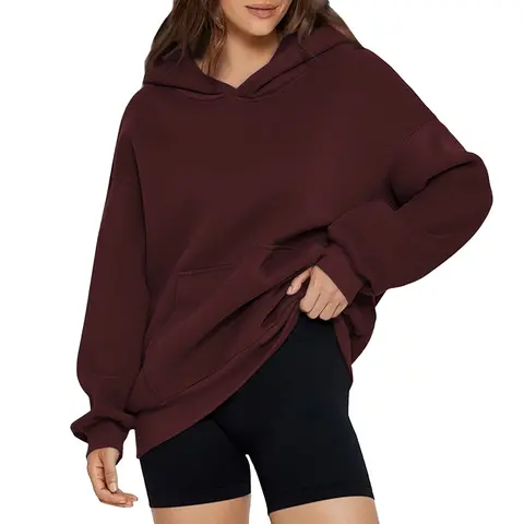 Women's Plus Size Baggy Ribbed Oversized Hooded Pullover Hoodie - Cotton Fabric, Soft Polyester Fleece, Long Sleeves, Kangaroo Pocket, Minimalist Design, Machine Washable, Jeans-Compatible, Preppy Style, Party Wear, Plus Size Clothes