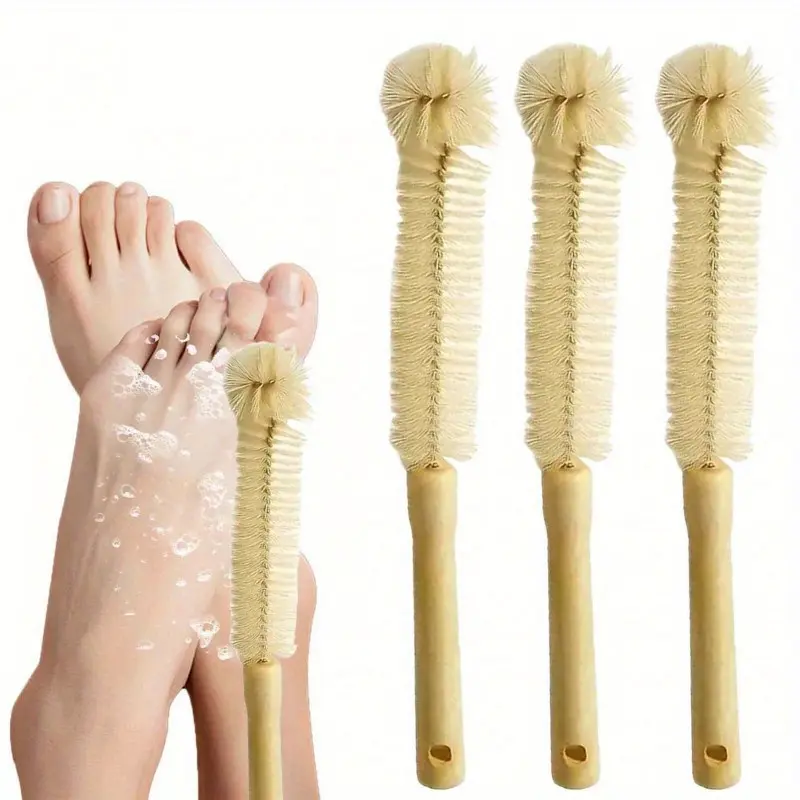 3-piece Set Of Long-handled Shower Toe Cleaning Brush, Soft Beige Exfoliating Lotion Applicator, Suitable For Elderly Men And Women, 11.81 Inches